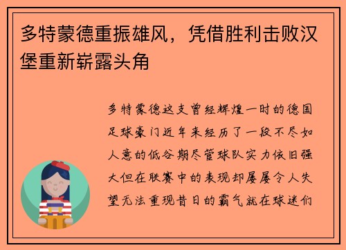 多特蒙德重振雄风，凭借胜利击败汉堡重新崭露头角