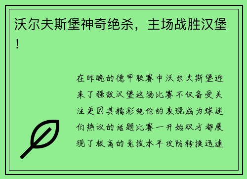 沃尔夫斯堡神奇绝杀，主场战胜汉堡！